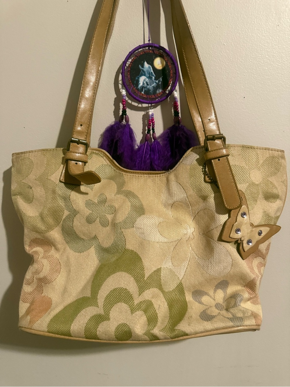 Floral Canvas Tote Bag with Butterfly Accent - Beige/Green